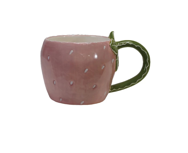 Creative Co-op - 12 oz. Hand-Painted Stoneware Strawberry Shaped Mug - Bartz Viviano