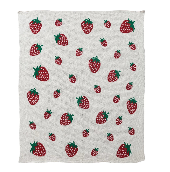 Creative Co-op - Cotton Knit Baby Blanket with Strawberries - Bartz Viviano