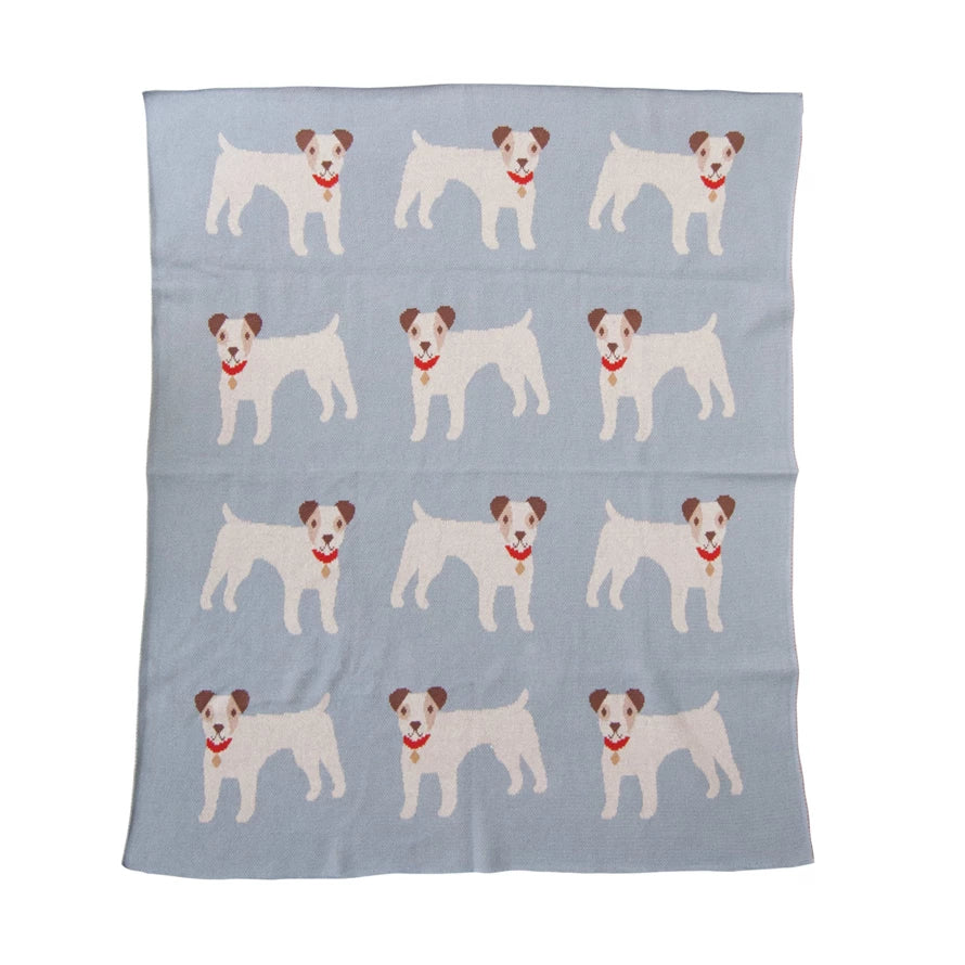 Creative Co-op - Cotton Knit Baby Blanket with Dogs- Blue - Bartz Viviano