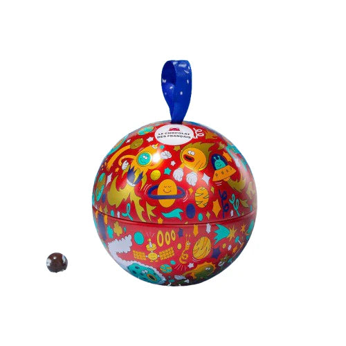 Le chocolat des Francais - Chocolate Christmas Ball- Galactique Ornament- Giant Christmas Tin Ball filled with Chocolate Covered Crispy Cereals and Hazelnuts